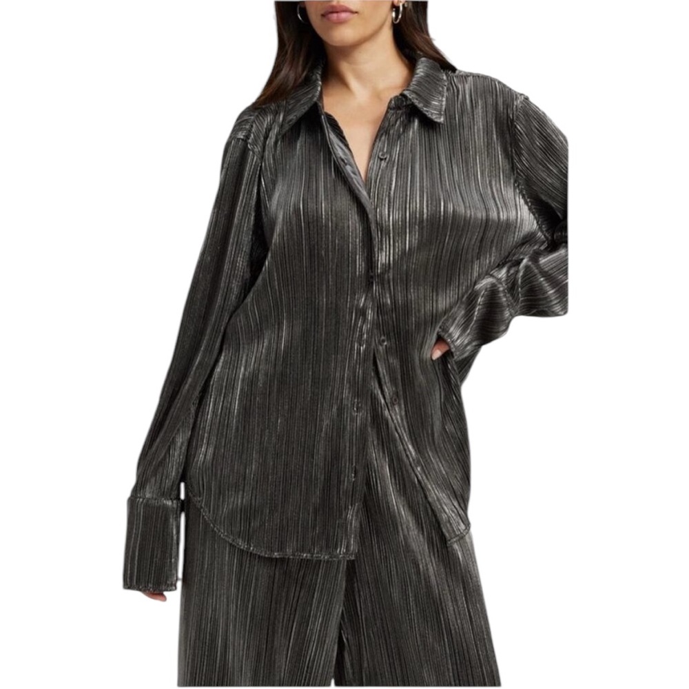 Good American Metallic Button Down Shirt - Silver